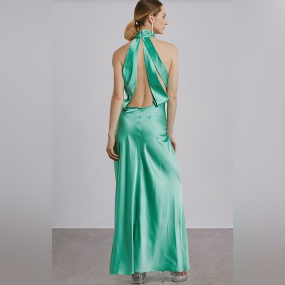 NWT Silk Maison Green Halter Cocktail Silk Maxi Dress S - Picture 3 of 12